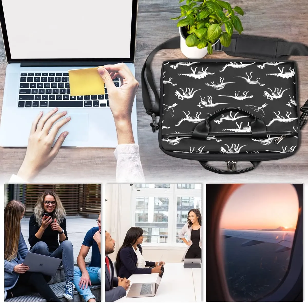 Dinosaur Blue Background Laptop Shoulder Messenger Bag Waterproof Laptop Briefcase with Handle and Padded Strap Case Sleeve