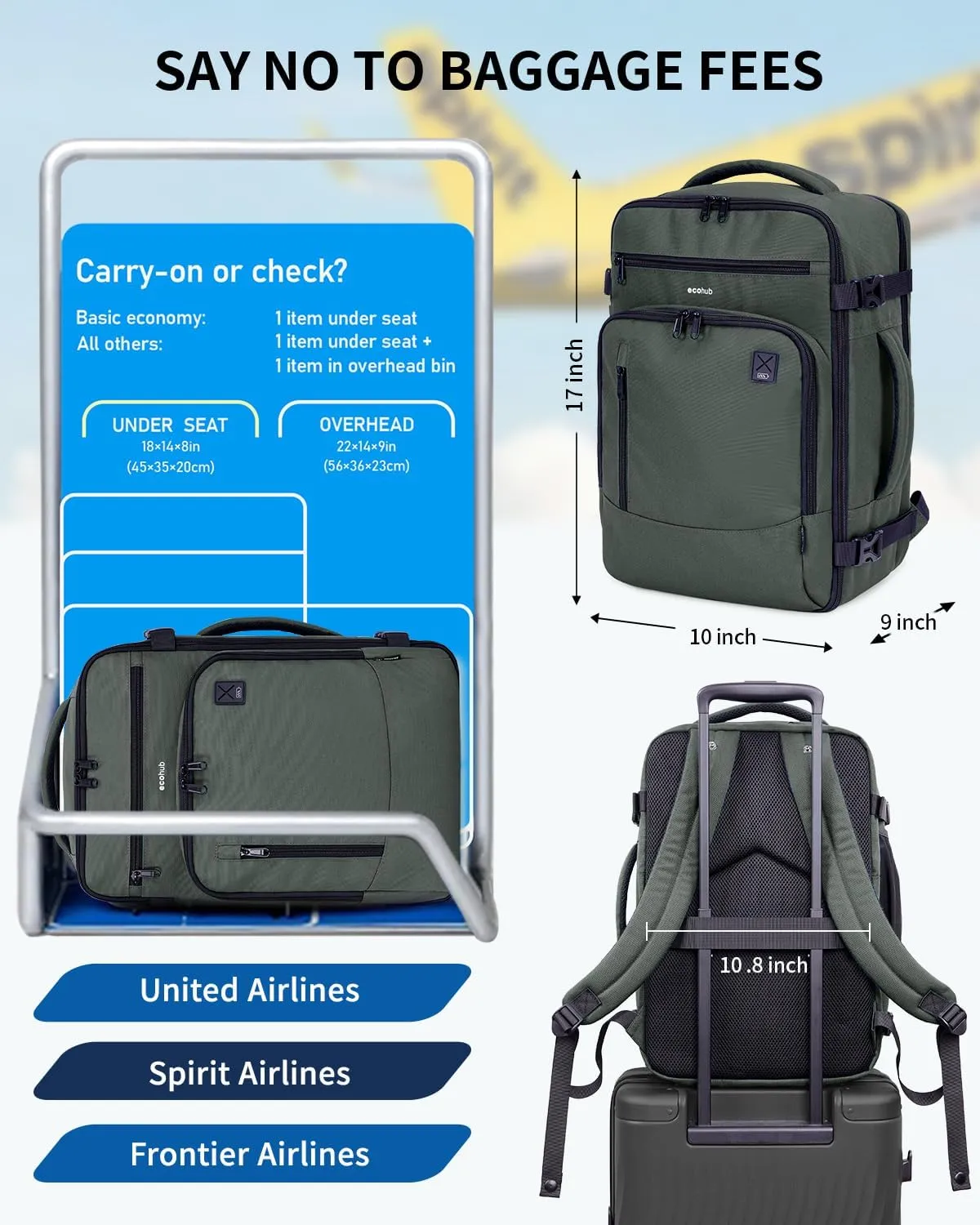 ECOHUB 17" Small Travel Backpack, United Airlines Personal Item Bag 17x10x9 with 16 Pockets, Water Resistant Rucksacks Fit 15.6" Laptop, AirTag Pocket, Lightweight Casual Daypack, 25L, Green