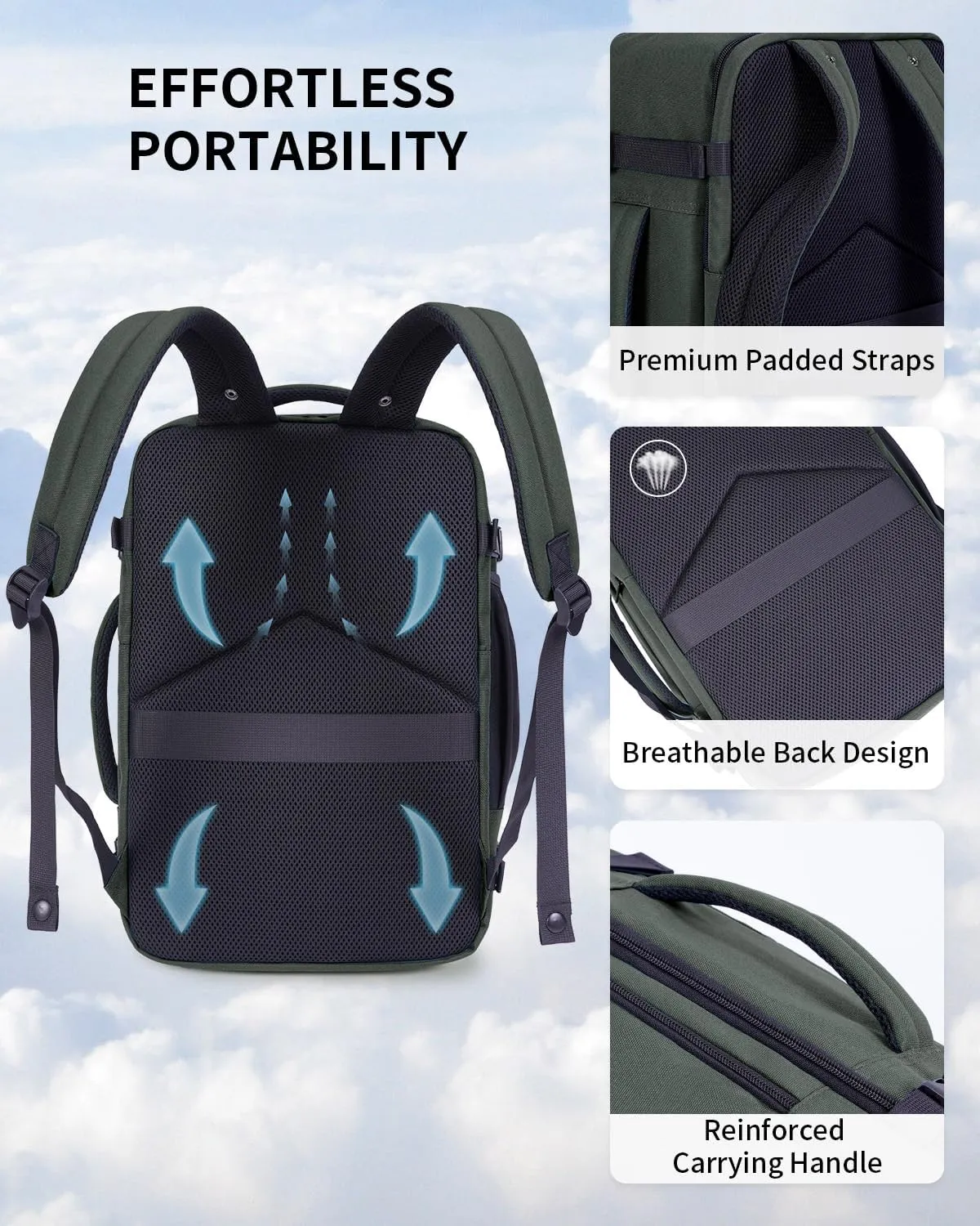 ECOHUB 17" Small Travel Backpack, United Airlines Personal Item Bag 17x10x9 with 16 Pockets, Water Resistant Rucksacks Fit 15.6" Laptop, AirTag Pocket, Lightweight Casual Daypack, 25L, Green