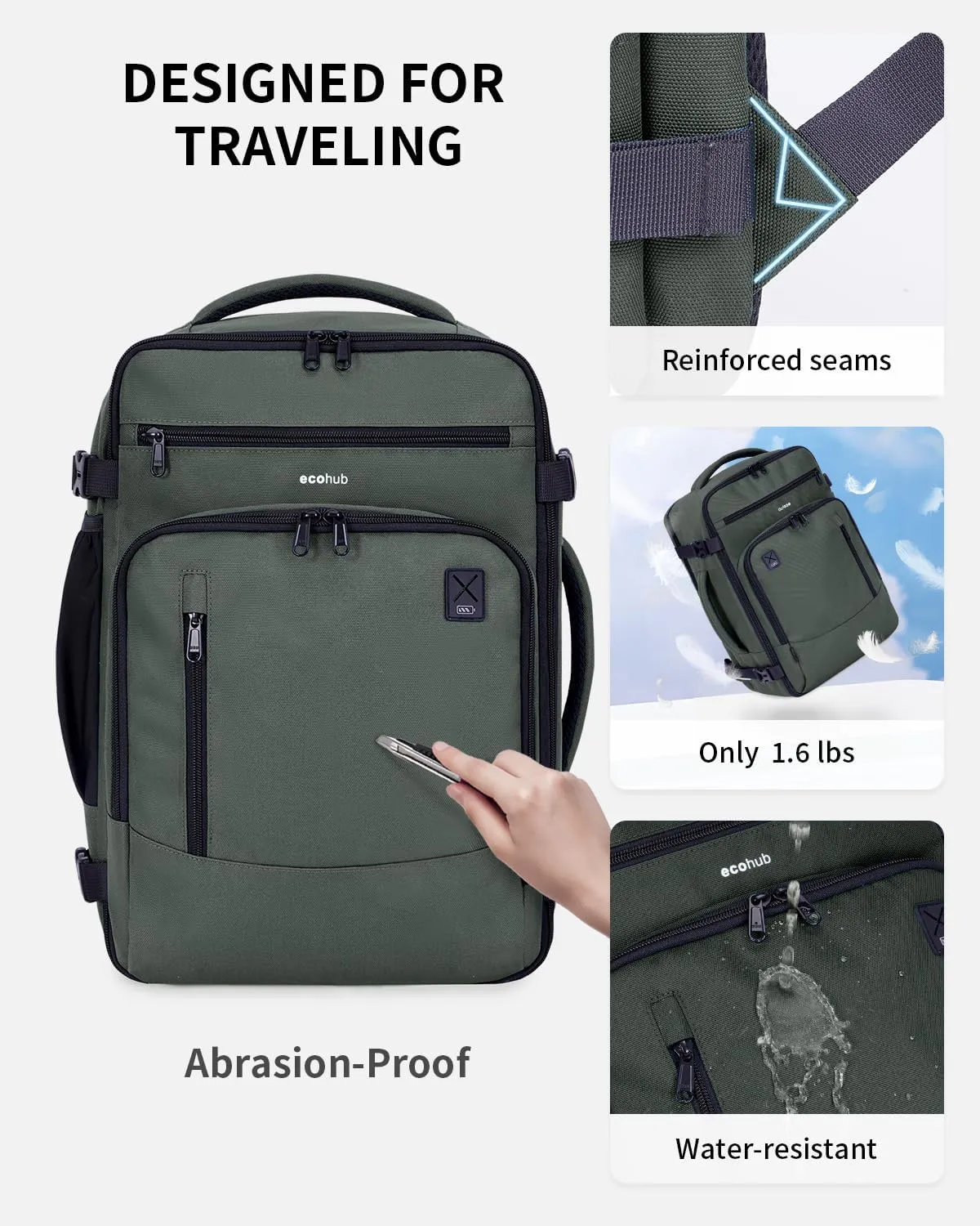 ECOHUB 17" Small Travel Backpack, United Airlines Personal Item Bag 17x10x9 with 16 Pockets, Water Resistant Rucksacks Fit 15.6" Laptop, AirTag Pocket, Lightweight Casual Daypack, 25L, Green