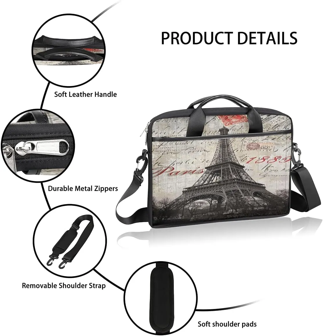 Eiffel Tower Blue Letters Castle Laptop Shoulder Messenger Bag Waterproof Laptop Briefcase
