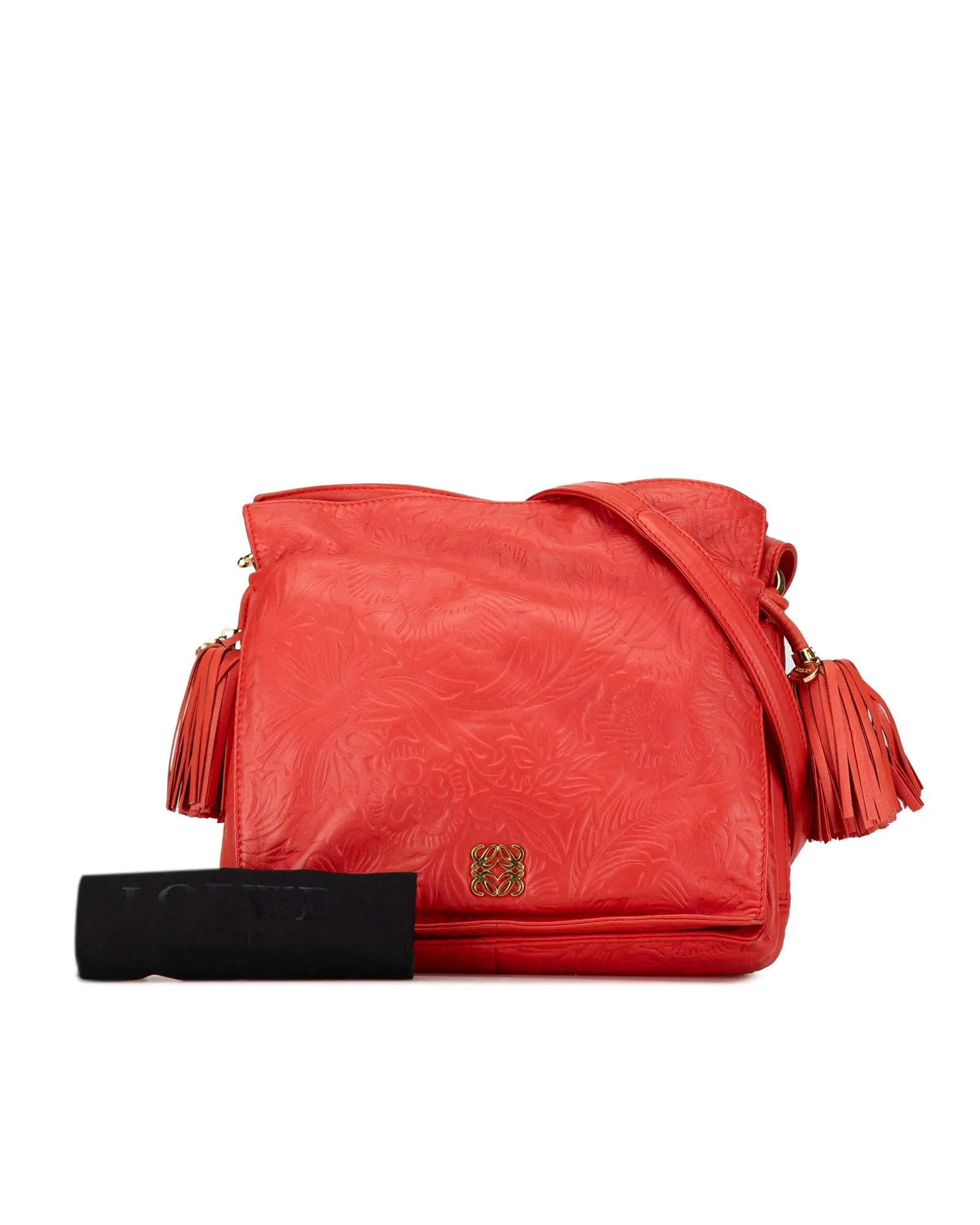 Embossed Leather Flamenco Tassel Crossbody Bag with Snap Closure