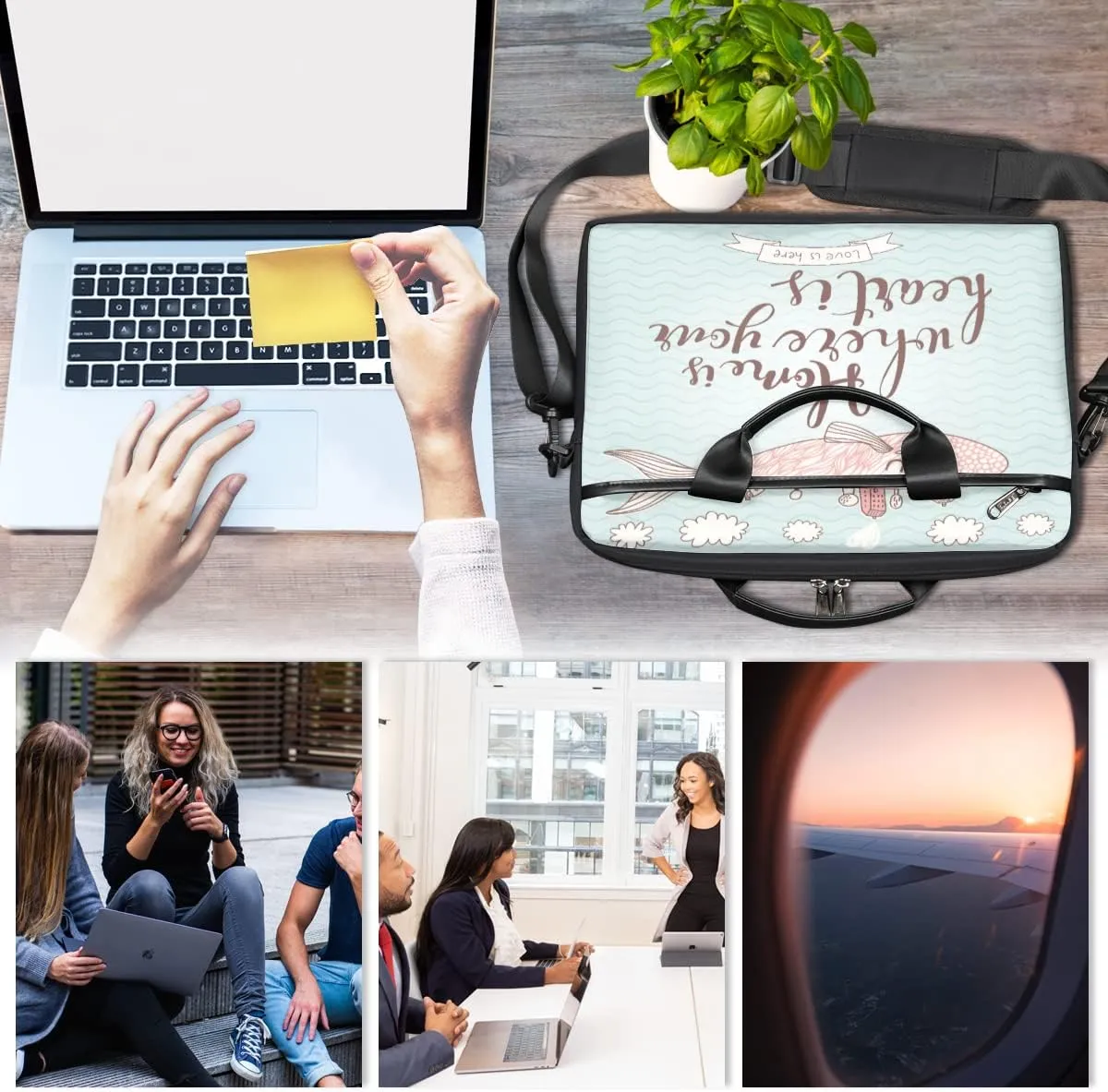 Flowers Floral Blue Background Laptop Shoulder Messenger Bag Waterproof Laptop Briefcase Handle Padded Strap