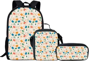 GIFTPUZZ Book Pattern School Backpack Set 3 Piece Lightweight Shoulder Bag with Lunch Box Reusable Lunch Bags   Pencil Case Bag, Shoulder Laptop Rucksacks Lightweight Knapsacks