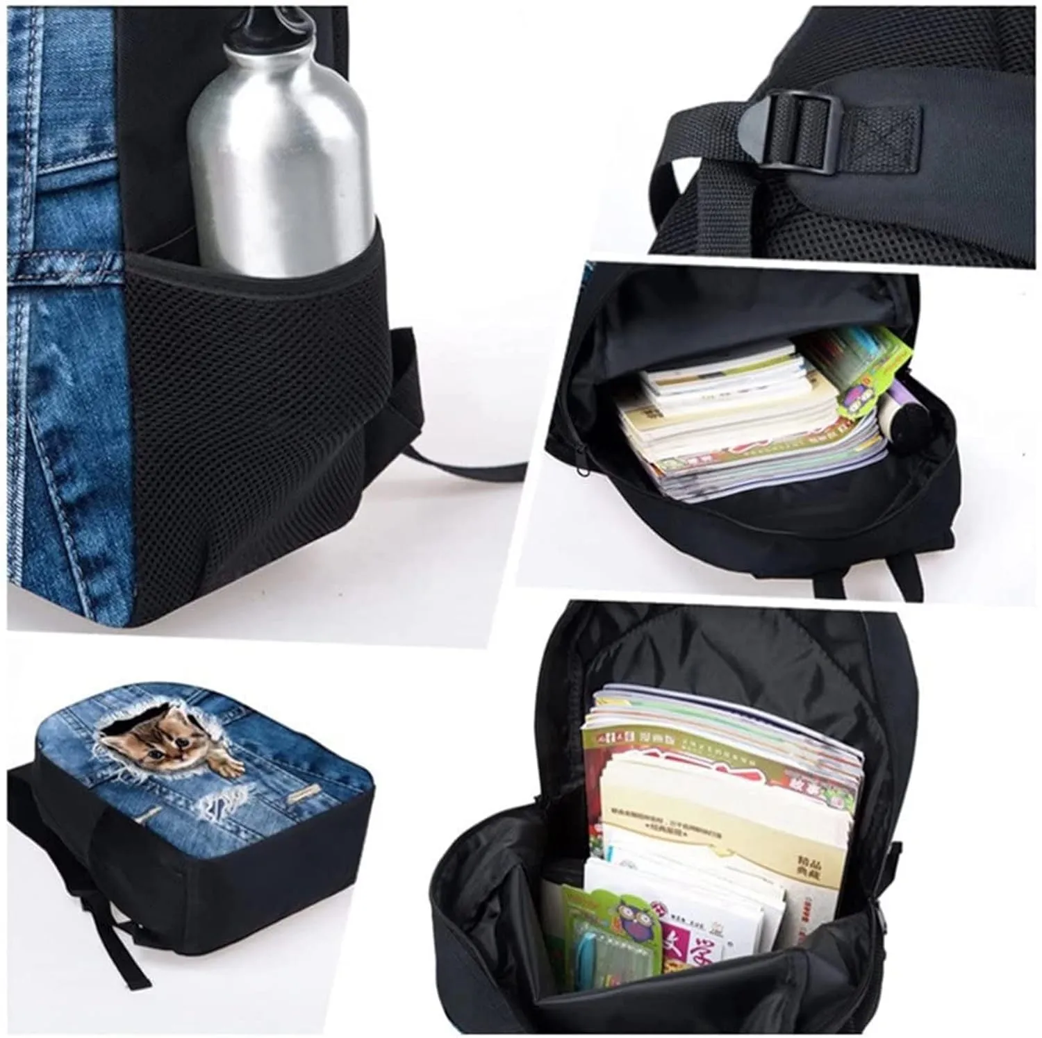 GIFTPUZZ Book Pattern School Backpack Set 3 Piece Lightweight Shoulder Bag with Lunch Box Reusable Lunch Bags   Pencil Case Bag, Shoulder Laptop Rucksacks Lightweight Knapsacks