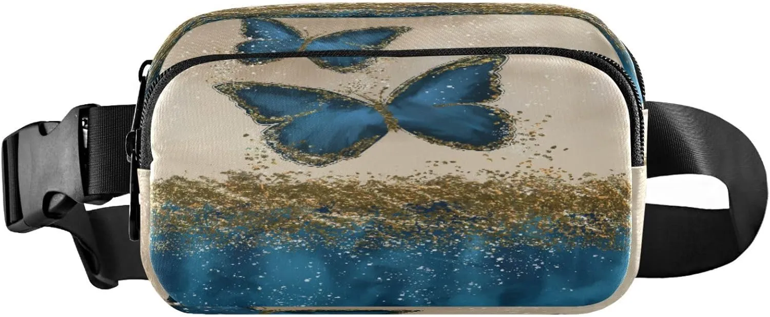 Gold Blue Butterfly Abstract Belt Bag for Women Men Fanny Pack Small Waist Pouch Crossbody Bags for Outdoor Hiking Running Travel
