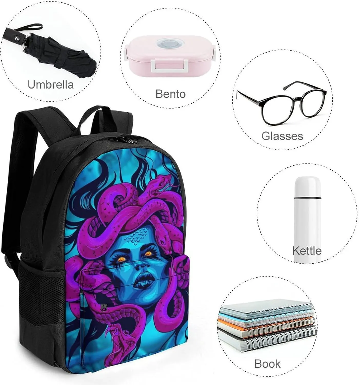 Greek Goddess Purple Snake Queen Medusa Art Rucksacks Lightweight Multipurpose Anti-Theft Shoulder Bag Big Capacity Laptop Book Bag Rucksack With Padded Straps