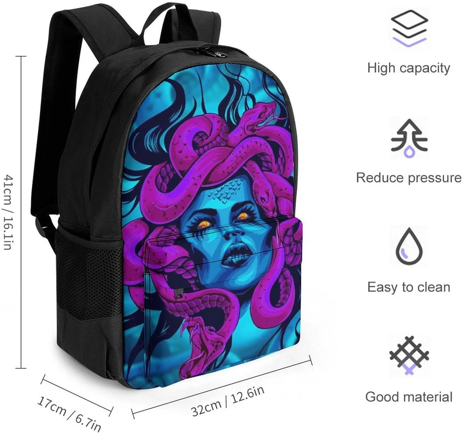 Greek Goddess Purple Snake Queen Medusa Art Rucksacks Lightweight Multipurpose Anti-Theft Shoulder Bag Big Capacity Laptop Book Bag Rucksack With Padded Straps