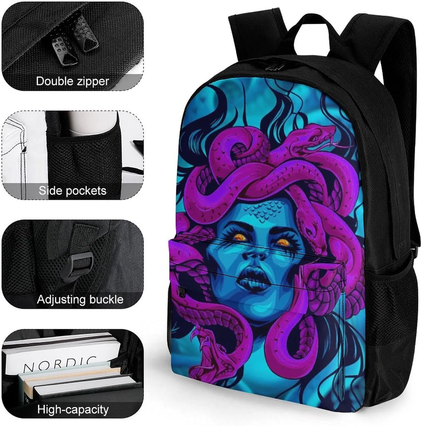 Greek Goddess Purple Snake Queen Medusa Art Rucksacks Lightweight Multipurpose Anti-Theft Shoulder Bag Big Capacity Laptop Book Bag Rucksack With Padded Straps