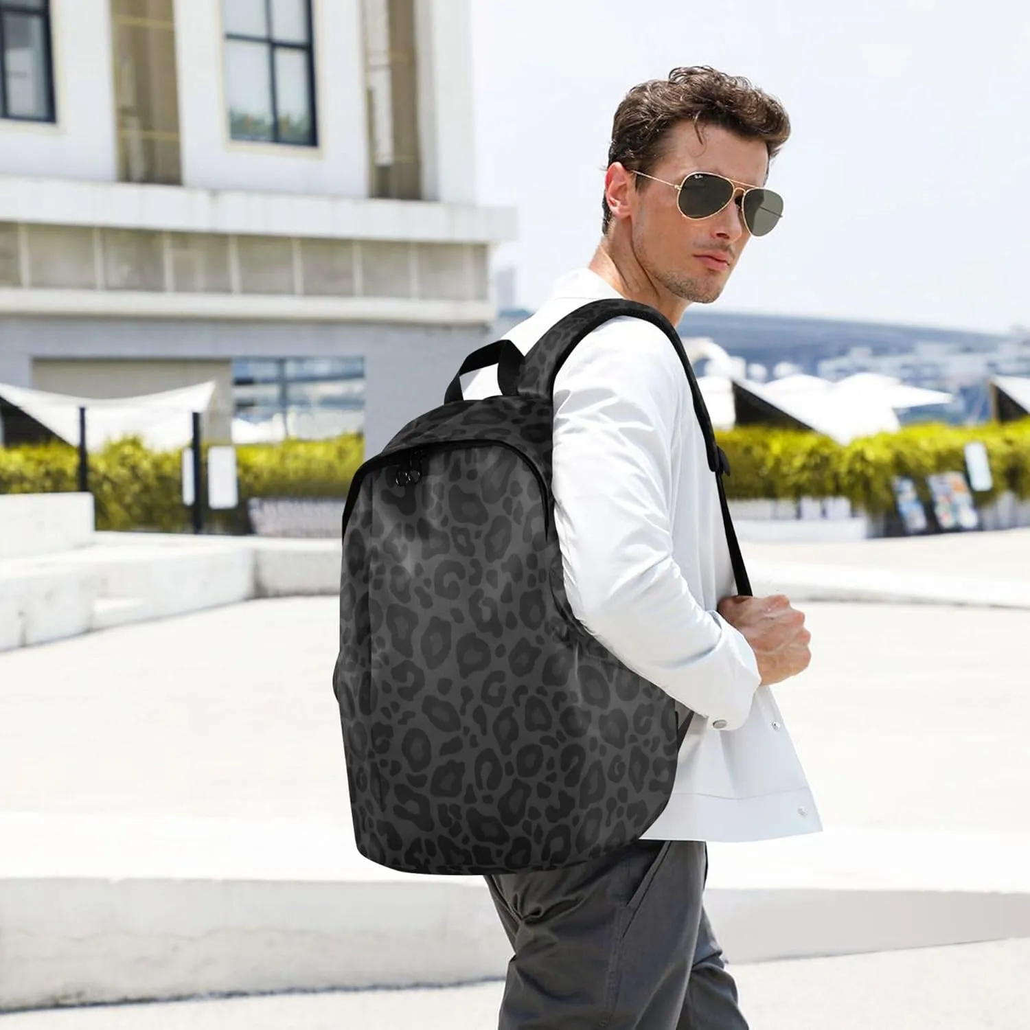 Grey Leopard Print Laptop Backpack Travel Hiking Camping Work Computer Back Packs Book Bags for Women Men