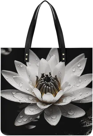Handbags for WomenBlack And White Water LilyTrendy Vegan Leather Hobo Handbags,Women's Soft Bucket Bag For Women - Ladies Handbags For Work, Travel, Casual Use,Birthday Gifts