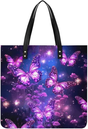 Handbags for WomenPurple Cute Butterfly PrintTrendy Vegan Leather Hobo Handbags,Women's Soft Bucket Bag For Women - Ladies Handbags For Work, Travel, Casual Use,Birthday Gifts