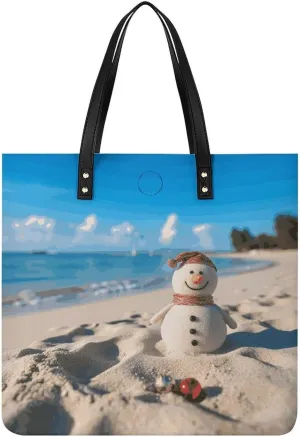 Handbags for WomenSand Snowman on BeachTrendy Vegan Leather Hobo Handbags,Women's Soft Bucket Bag For Women - Ladies Handbags For Work, Travel, Casual Use,Birthday Gifts