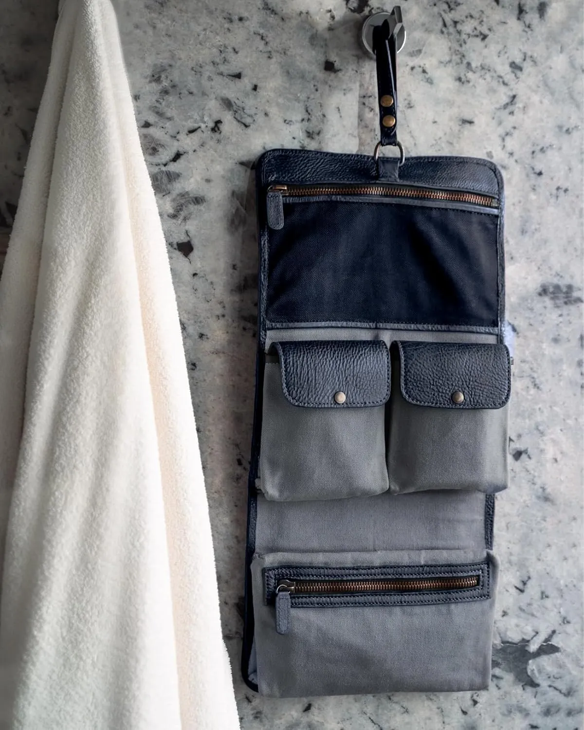 Hanging Leather Toiletry Bag | Water-Resistant Cosmetic Case For Men - Bathroom Dopp Kit Carry On Premium Quality Travel Organizer for Toiletries, Customized Shower Bag (Royal Blue)