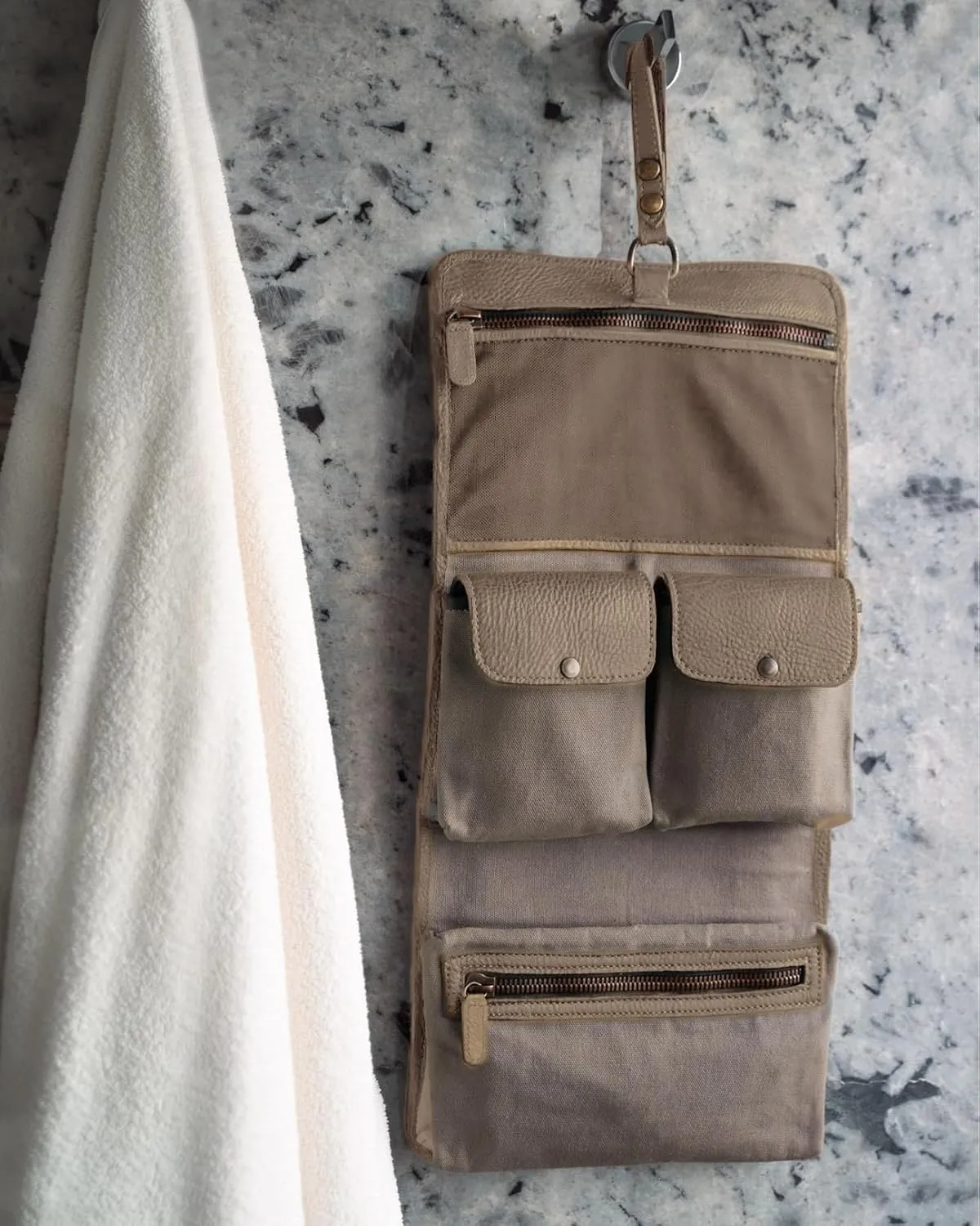 Hanging Leather Toiletry Bag | Water-Resistant Cosmetic Case For Men - Bathroom Dopp Kit Carry On Premium Quality Travel Organizer for Toiletries, Customized Shower Bag (Sand Stone)