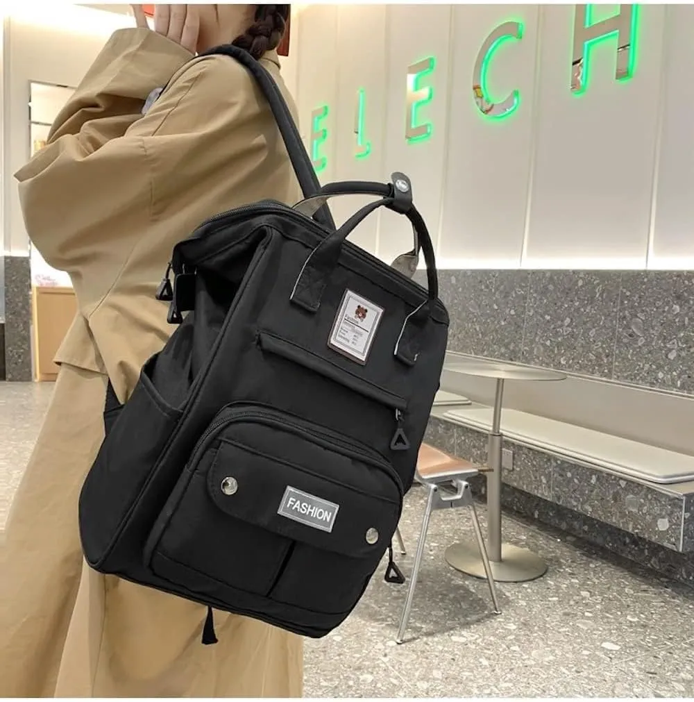 JHTPSLR Preppy Backpack Cute Vintage Backpack Solid Aesthetic Backpack Book Bags Large Waterproof Laptop Backpack Supplies (Black)