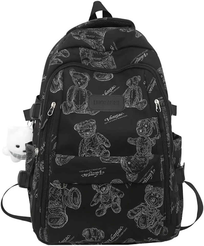 JHTPSLR Preppy Backpack Sketch Teddy Bear Backpack Cute Aesthetic Backpack with Plushies Double Zipper Book Bags Waterproof Laptop Backpack (Black)