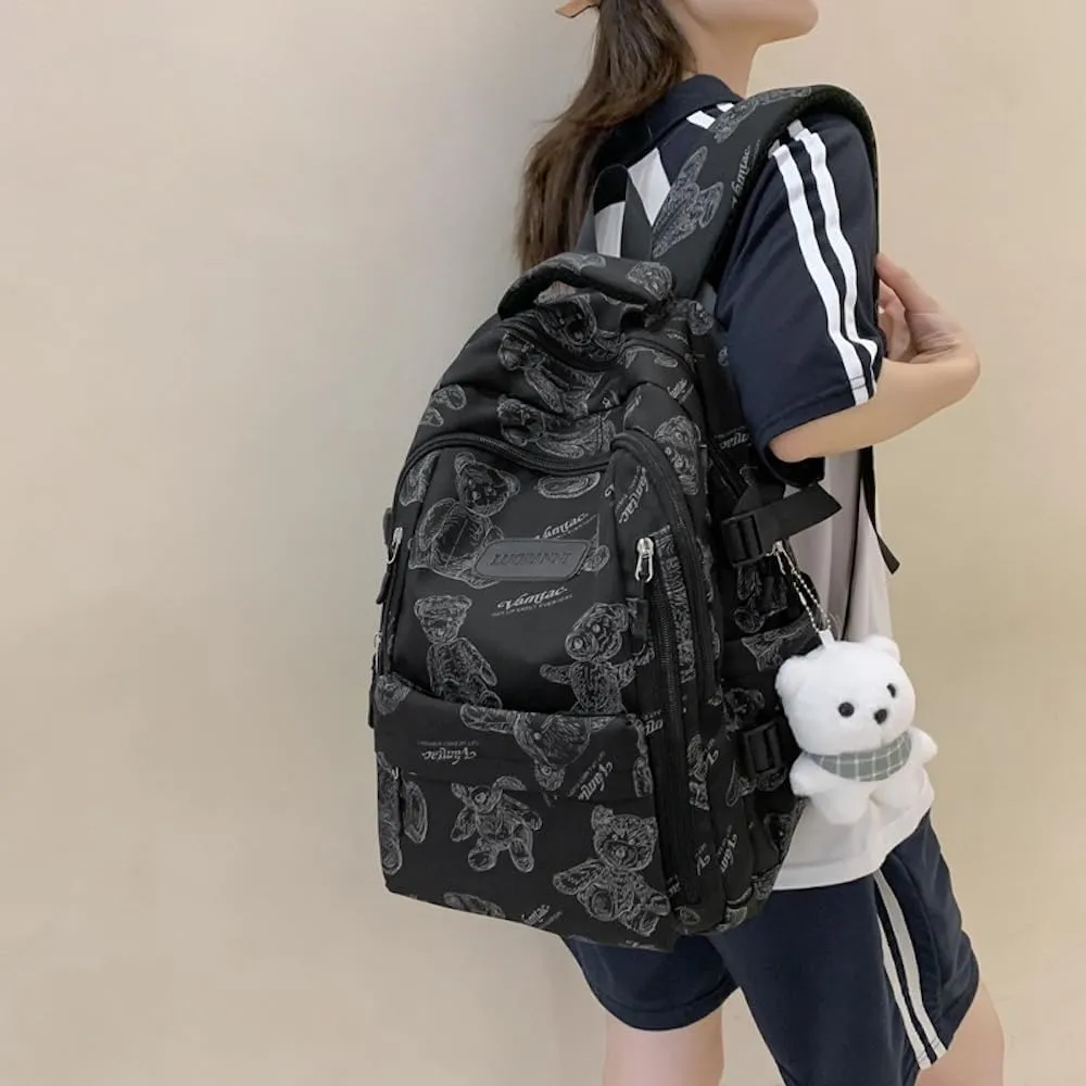 JHTPSLR Preppy Backpack Sketch Teddy Bear Backpack Cute Aesthetic Backpack with Plushies Double Zipper Book Bags Waterproof Laptop Backpack (Black)