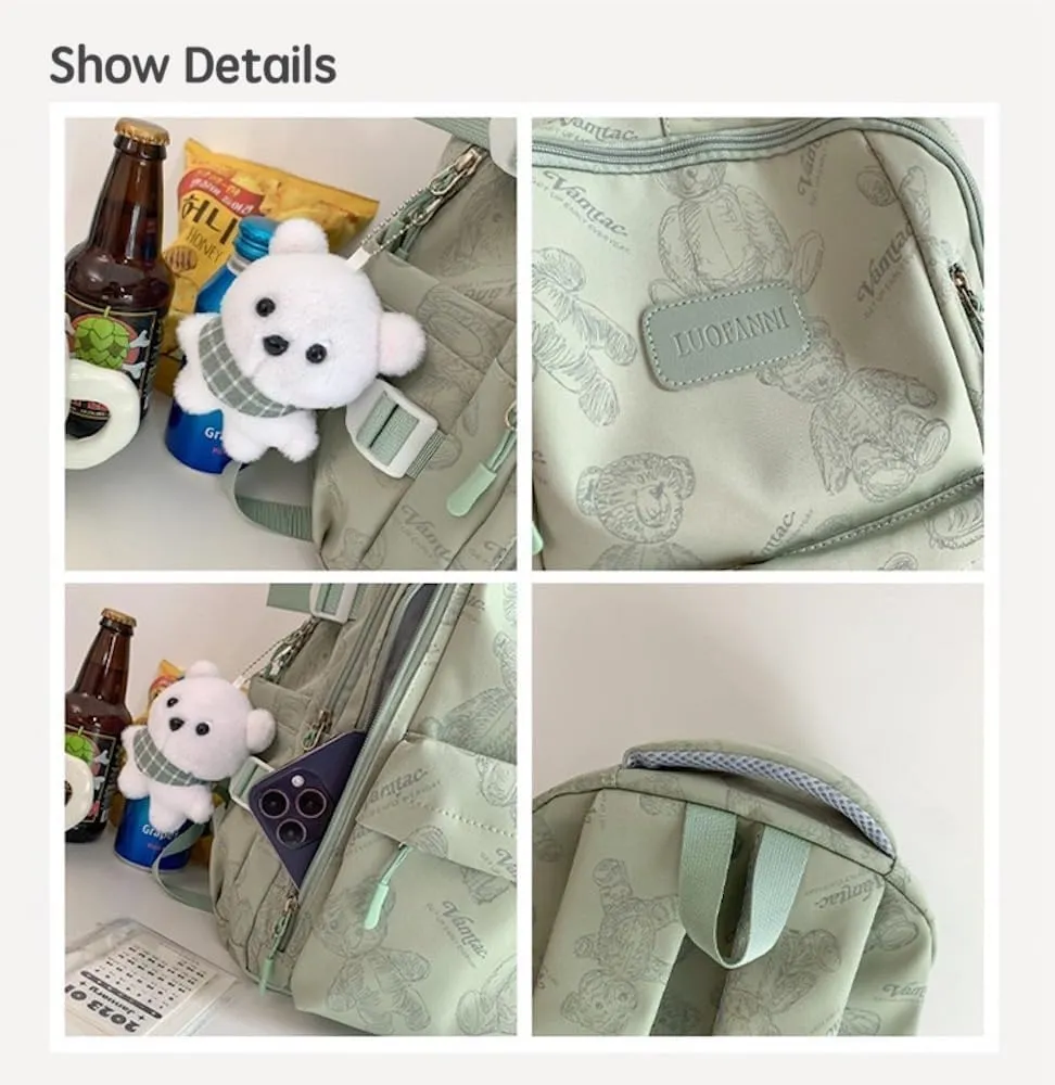 JHTPSLR Preppy Backpack Sketch Teddy Bear Backpack Cute Aesthetic Backpack with Plushies Double Zipper Book Bags Waterproof Laptop Backpack (Sage Green)