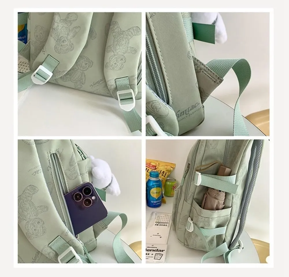 JHTPSLR Preppy Backpack Sketch Teddy Bear Backpack Cute Aesthetic Backpack with Plushies Double Zipper Book Bags Waterproof Laptop Backpack (Sage Green)