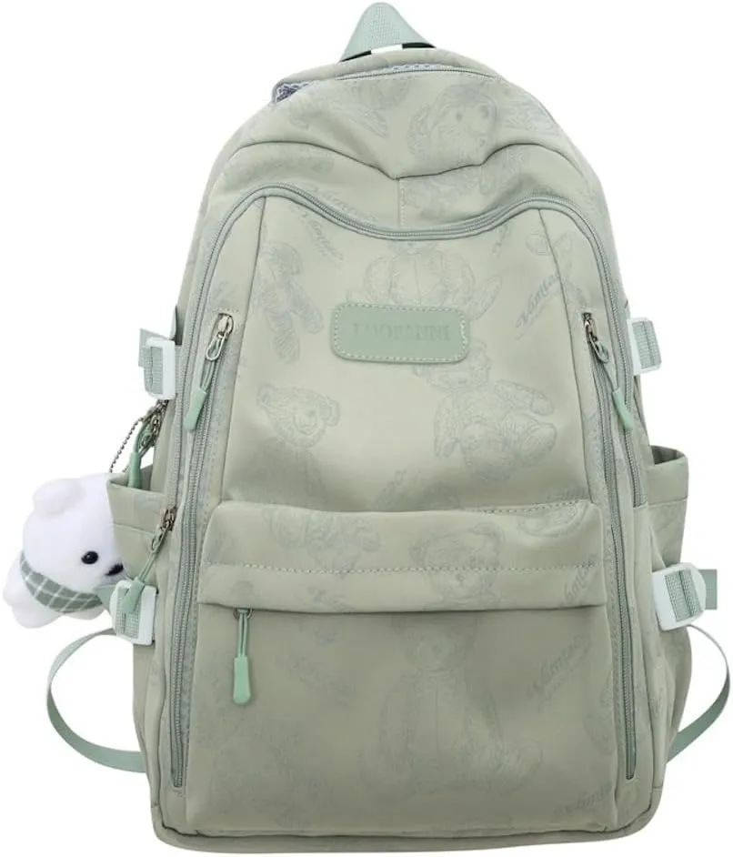 JHTPSLR Preppy Backpack Sketch Teddy Bear Backpack Cute Aesthetic Backpack with Plushies Double Zipper Book Bags Waterproof Laptop Backpack (Sage Green)