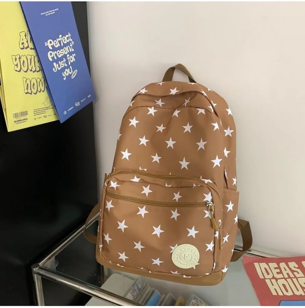JHTPSLR Preppy Backpack Stars Backpack Kidcore Aesthetic Backpack Cartoon Print Backpack Stars Book Bags Laptop Backpack Supplies (Brown)