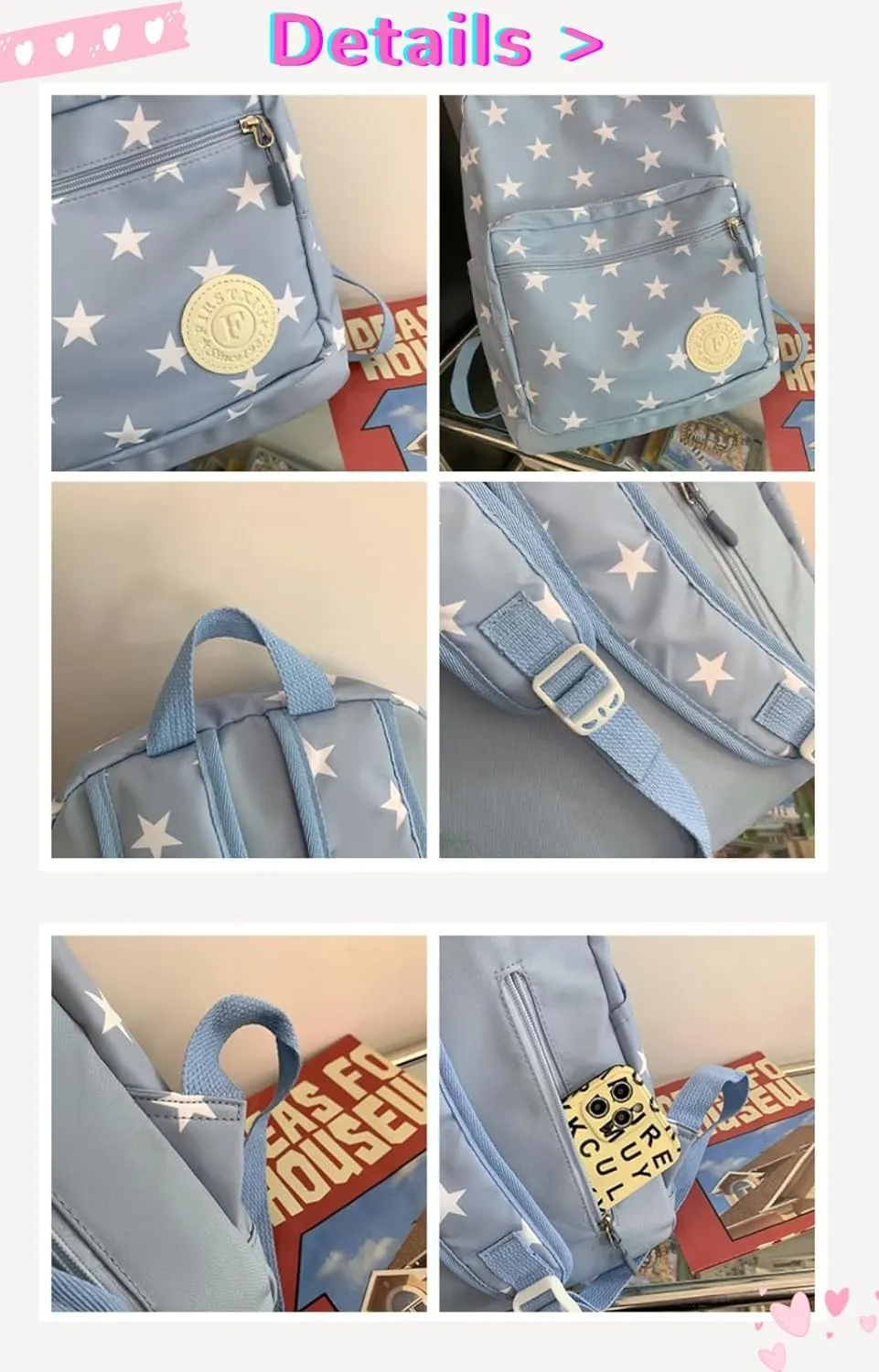 JHTPSLR Preppy Backpack Stars Backpack Kidcore Aesthetic Backpack Cartoon Print Backpack Stars Book Bags Laptop Backpack Supplies (Sage Green)