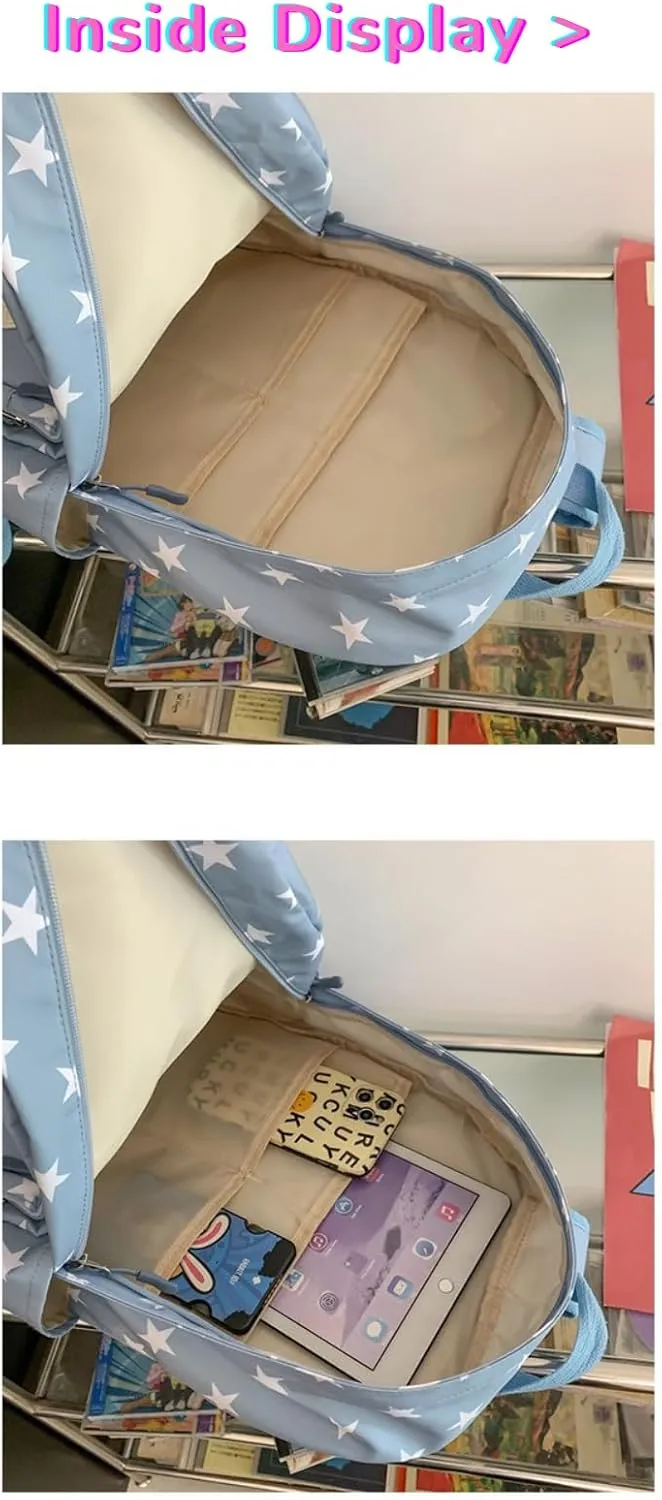 JHTPSLR Preppy Backpack Stars Backpack Kidcore Aesthetic Backpack Cartoon Print Backpack Stars Book Bags Laptop Backpack Supplies (Sage Green)
