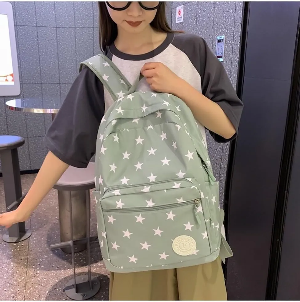 JHTPSLR Preppy Backpack Stars Backpack Kidcore Aesthetic Backpack Cartoon Print Backpack Stars Book Bags Laptop Backpack Supplies (Sage Green)
