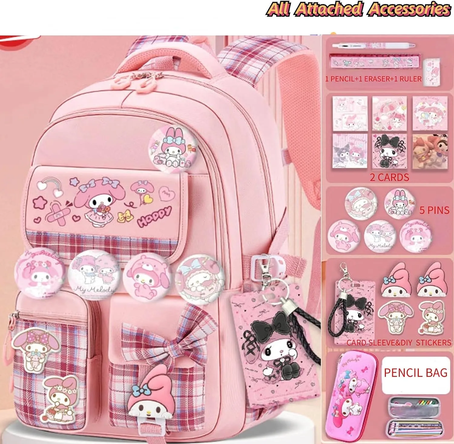 Kawaii Backpack with 18Pcs Accessories Anime Cartoon Anti-Theft Travel Aesthetic New Semester Gifts Bag with Cute Pins