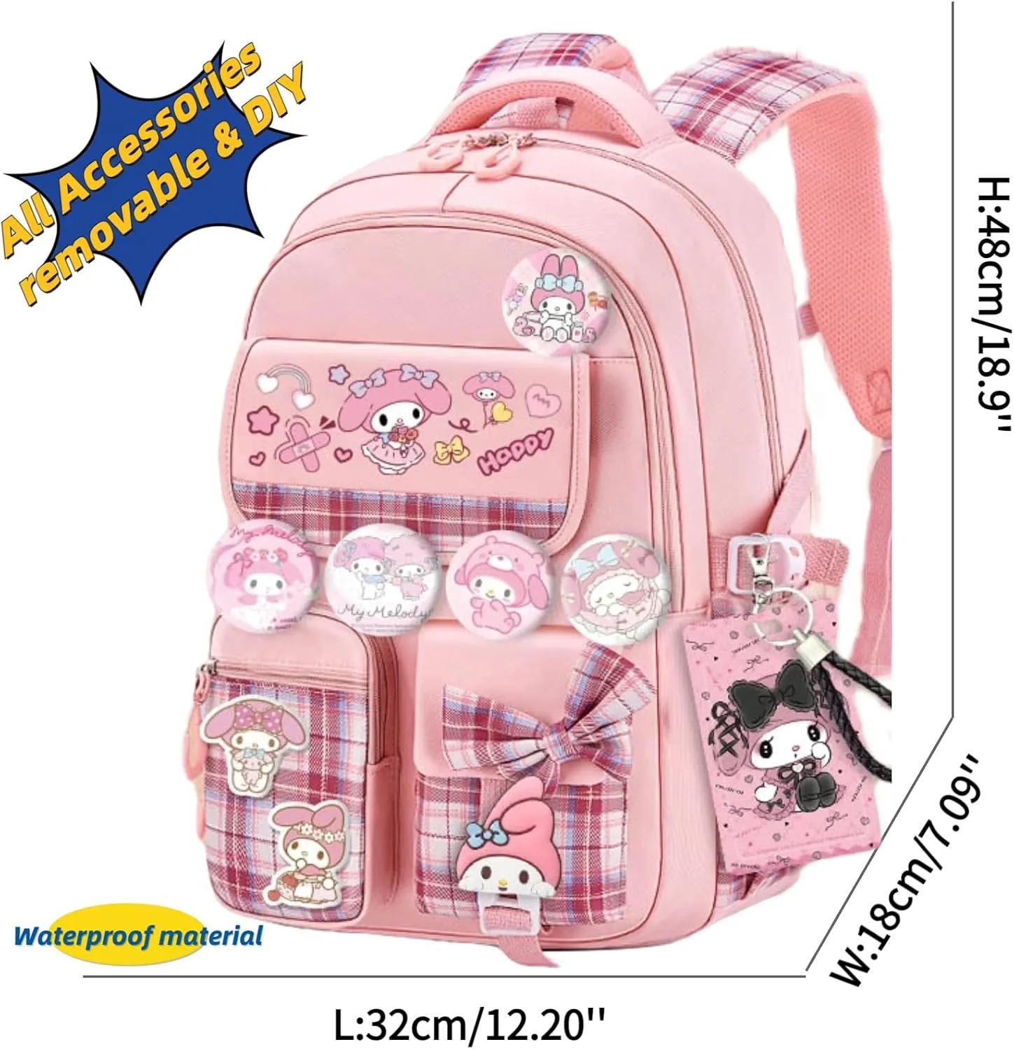 Kawaii Backpack with 18Pcs Accessories Anime Cartoon Anti-Theft Travel Aesthetic New Semester Gifts Bag with Cute Pins