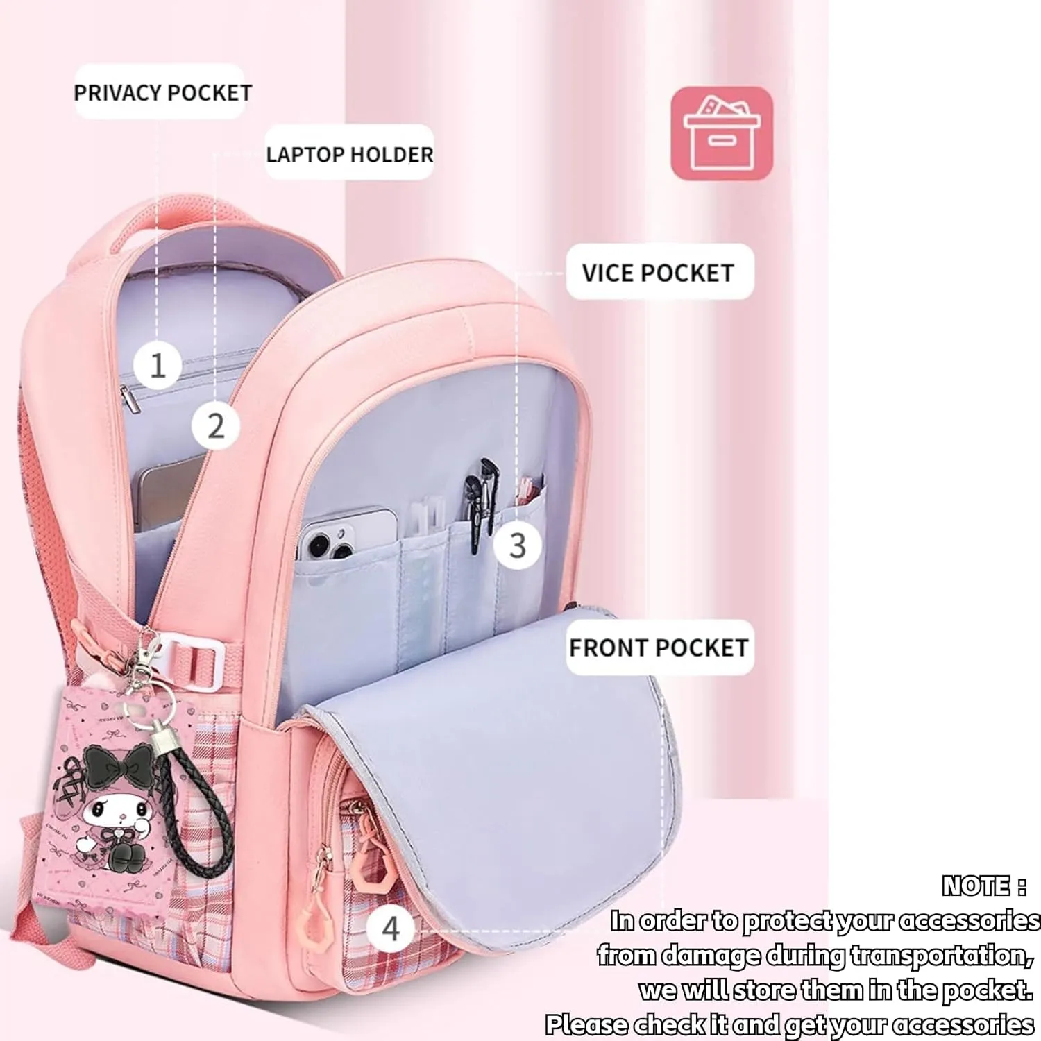 Kawaii Backpack with 18Pcs Accessories Anime Cartoon Anti-Theft Travel Aesthetic New Semester Gifts Bag with Cute Pins