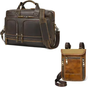 LANNSYNE Vintage Genuine Leather Briefcases for Men, 17" Leather Laptop Bag And Leather Travel Wallet