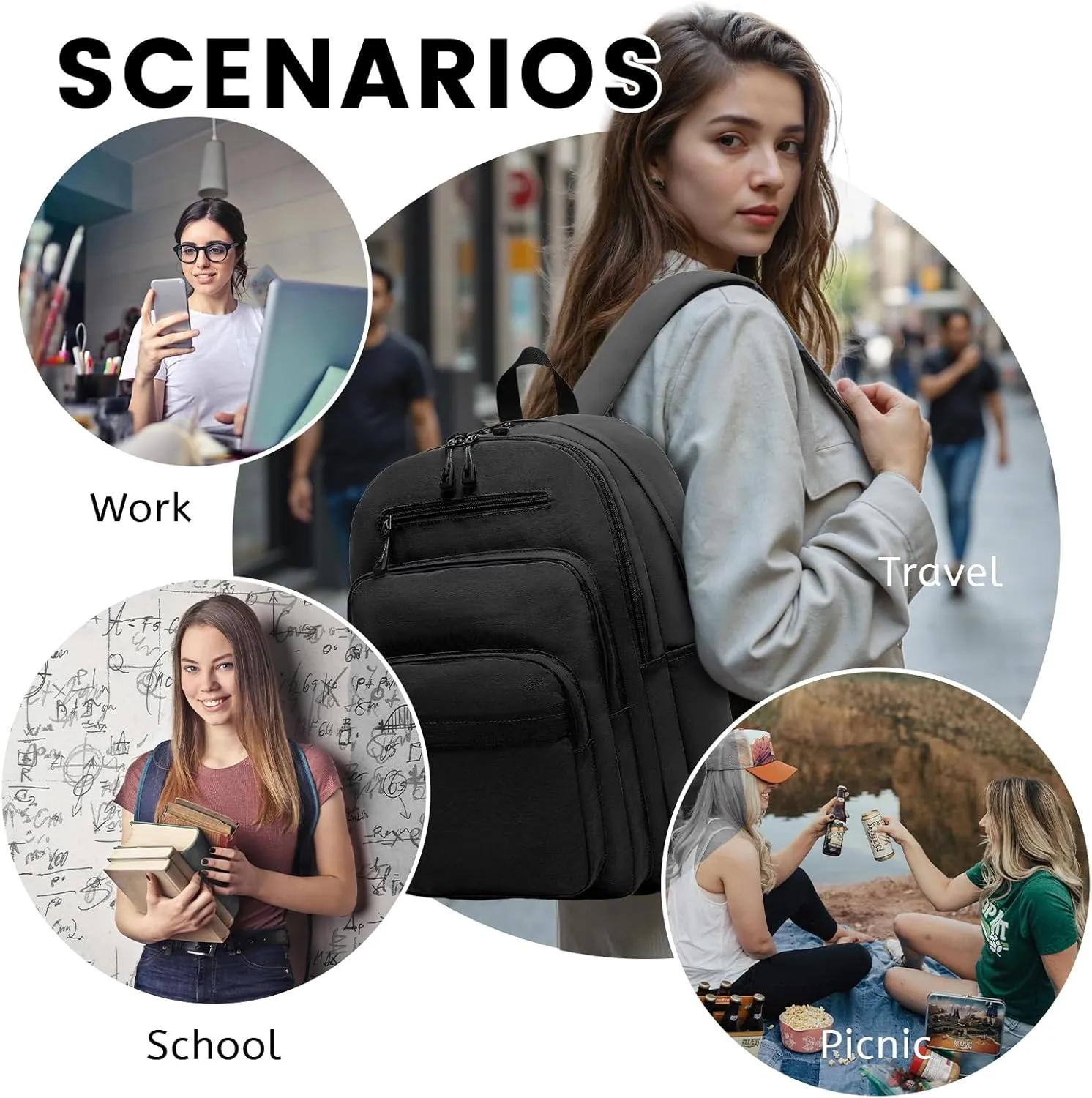Lanola Basic Multi-Pocket Multipurpose Backpack Classical Water Resistant Student Bookbag For School Business Travel or Casual Daypack Backpacks for Men or Women - Black
