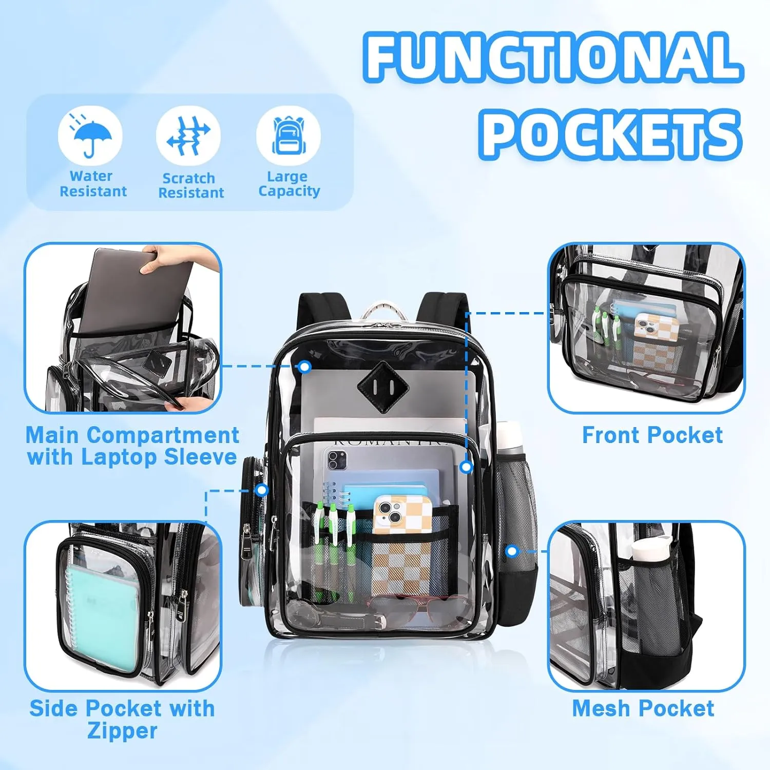 Large Clear Backpack Stadium Events Heavy Duty PVC Transparent Bookbag with Lunch Bag for School See Through Back Pack Fits 16 inch Laptop for College Work Travel, Black(2 PC SET)