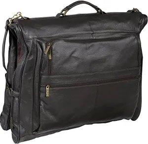 Leather Three-Suit Garment Bag in Top Grain Genuine Leather with Shoulder Strap, Spacious Compartments, and Wrinkle-Free Suit Holder, 23" x 5" x 19"
