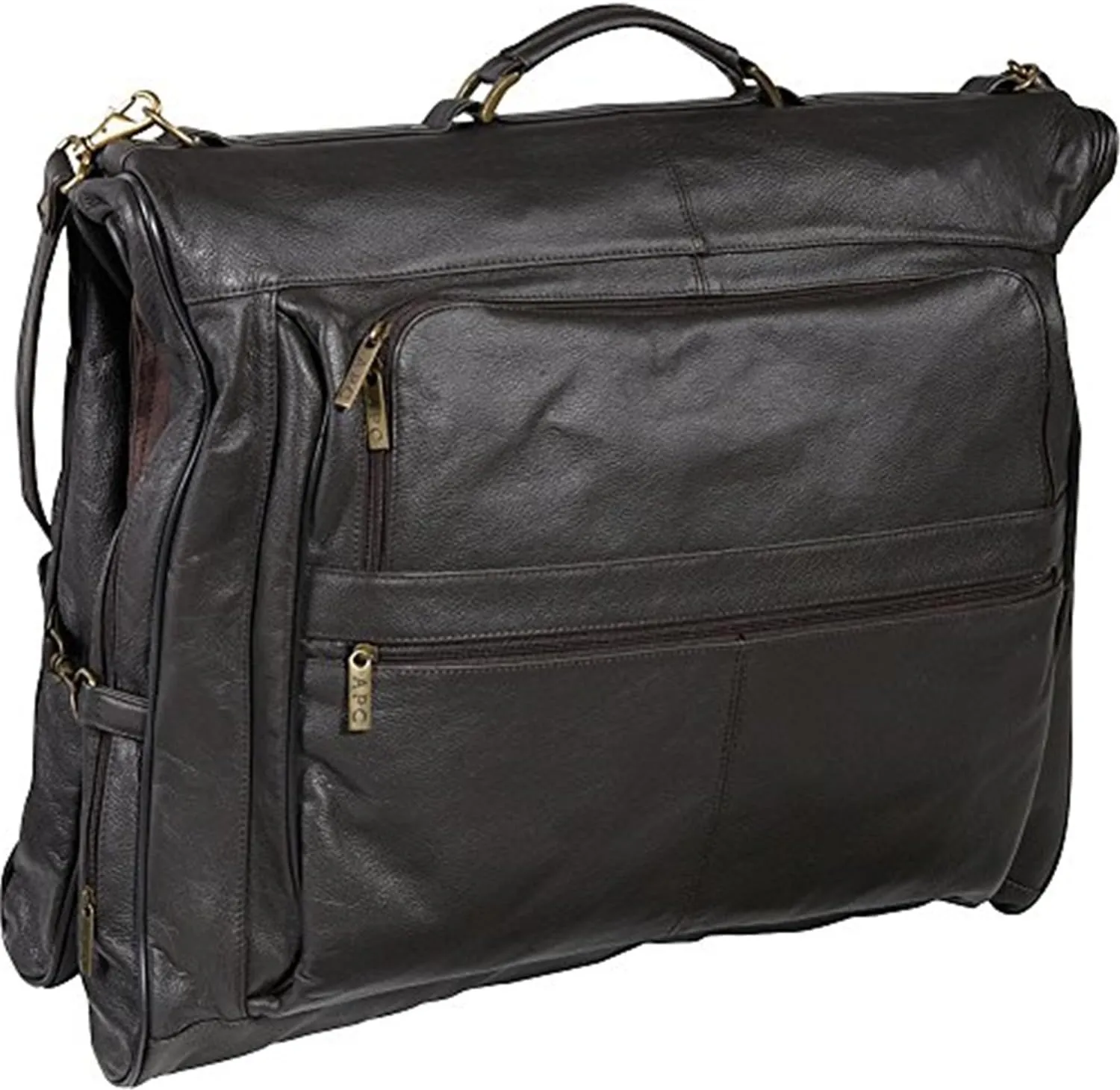 Leather Three-Suit Garment Bag in Top Grain Genuine Leather with Shoulder Strap, Spacious Compartments, and Wrinkle-Free Suit Holder, 23" x 5" x 19"