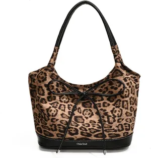 Leopard Purse Bow Drawstring Tote Bag Cheetah Print Leather Patchwork Bottom Crossbody Purse Casual Hangouts