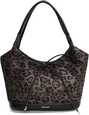 Leopard Purse Bow Drawstring Tote Bag Cheetah Print Leather Patchwork Bottom Crossbody Purse Casual Hangouts