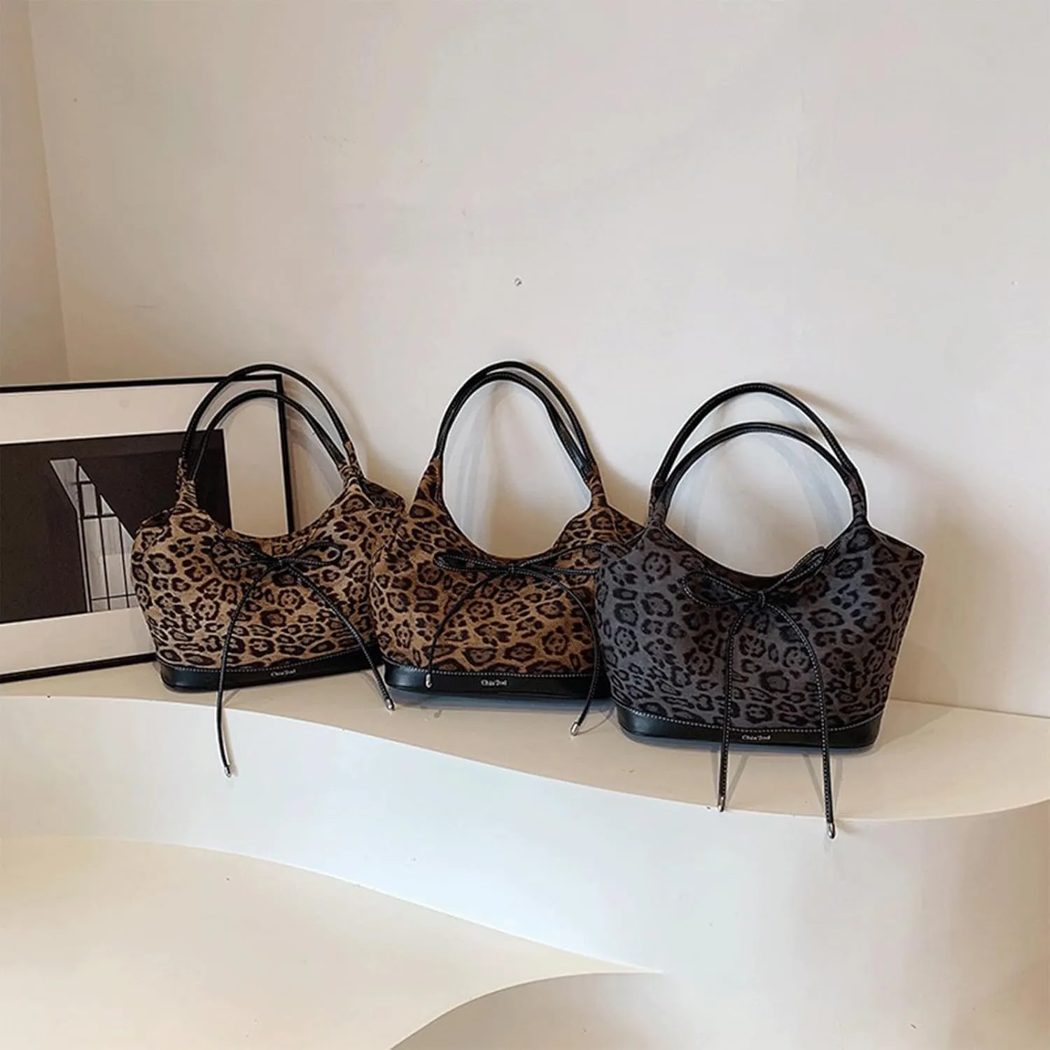 Leopard Purse Bow Drawstring Tote Bag Cheetah Print Leather Patchwork Bottom Crossbody Purse Casual Hangouts