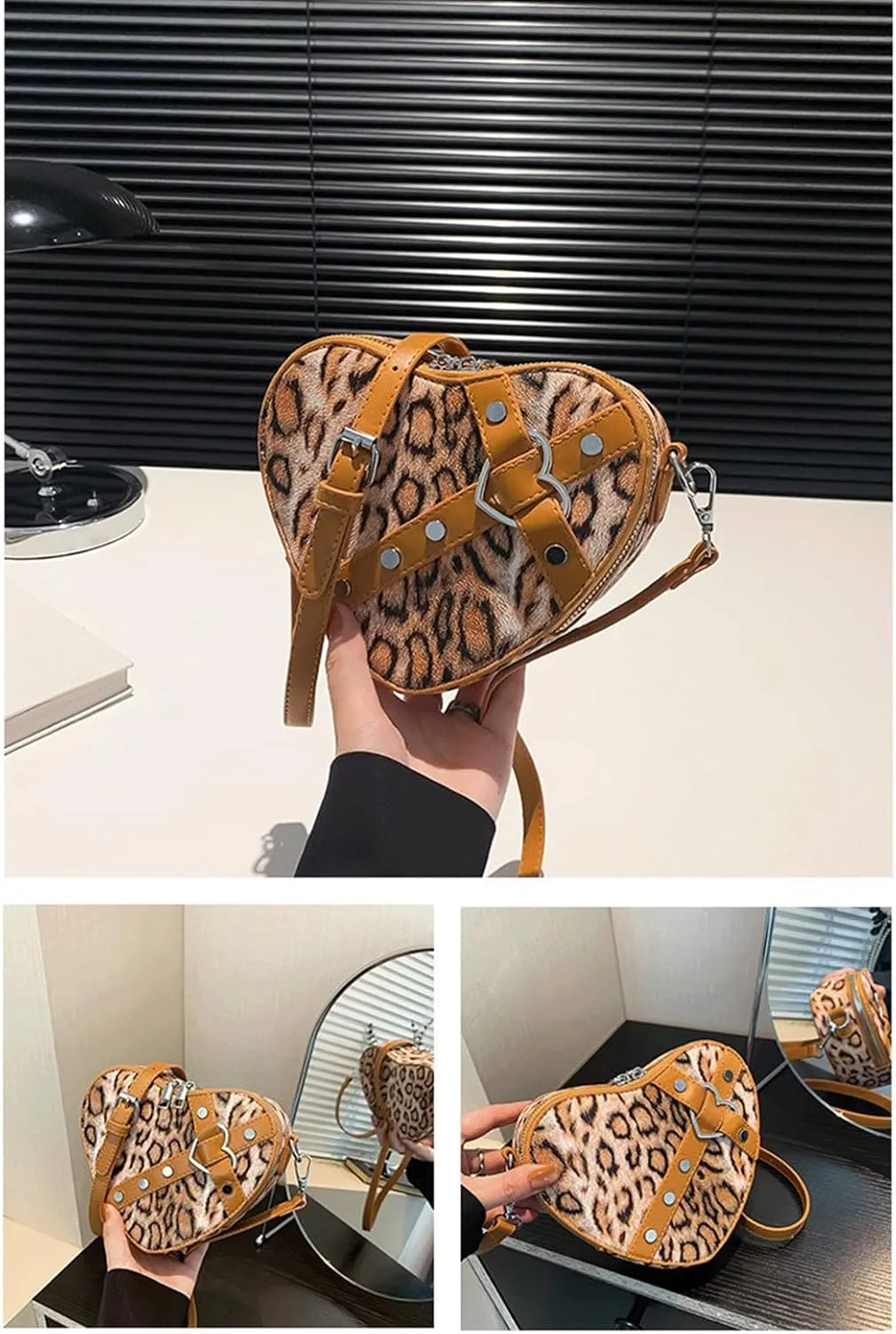 Leopard Purse Cheetah Print Heart Shape Crossbody Purses Vintage Y2K Studded Shoulder Bag for Girls Party