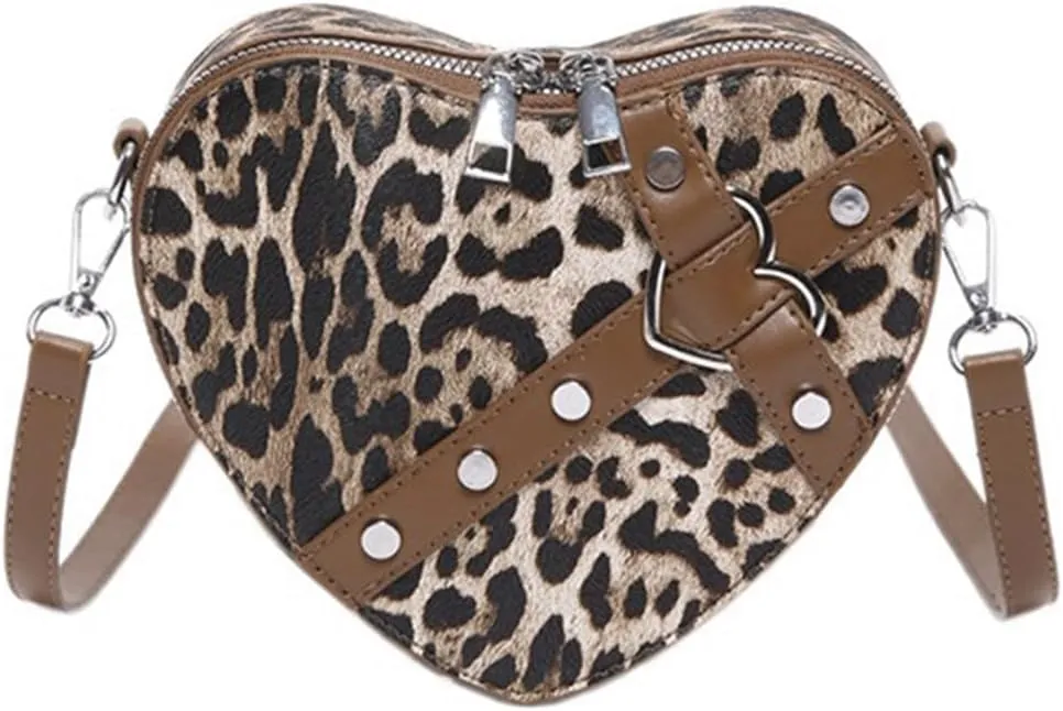 Leopard Purse Cheetah Print Heart Shape Crossbody Purses Vintage Y2K Studded Shoulder Bag for Girls Party