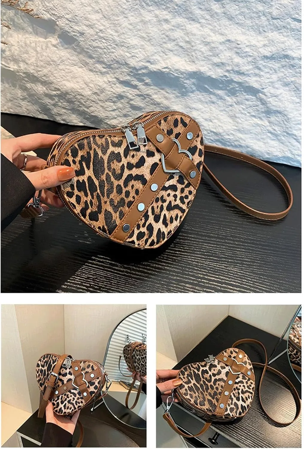 Leopard Purse Cheetah Print Heart Shape Crossbody Purses Vintage Y2K Studded Shoulder Bag for Girls Party