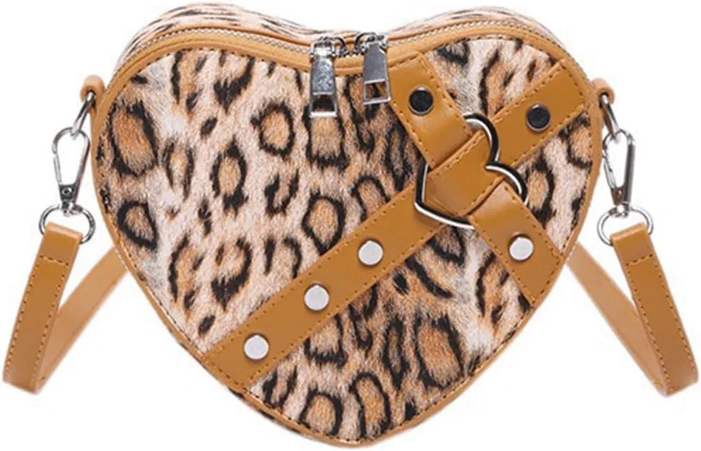 Leopard Purse Cheetah Print Heart Shape Crossbody Purses Vintage Y2K Studded Shoulder Bag for Girls Party