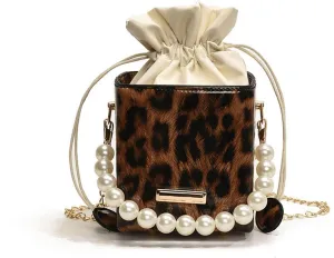 Leopard Purse Cheetah Print Mini Bucket Bag Drawstring Crossbody Box Purse for Girls Prom Wedding Evening Bag