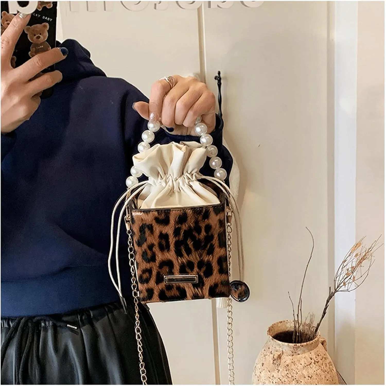 Leopard Purse Cheetah Print Mini Bucket Bag Drawstring Crossbody Box Purse for Girls Prom Wedding Evening Bag