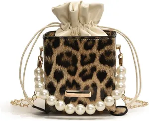 Leopard Purse Cheetah Print Mini Bucket Bag Drawstring Crossbody Box Purse for Girls Prom Wedding Evening Bag