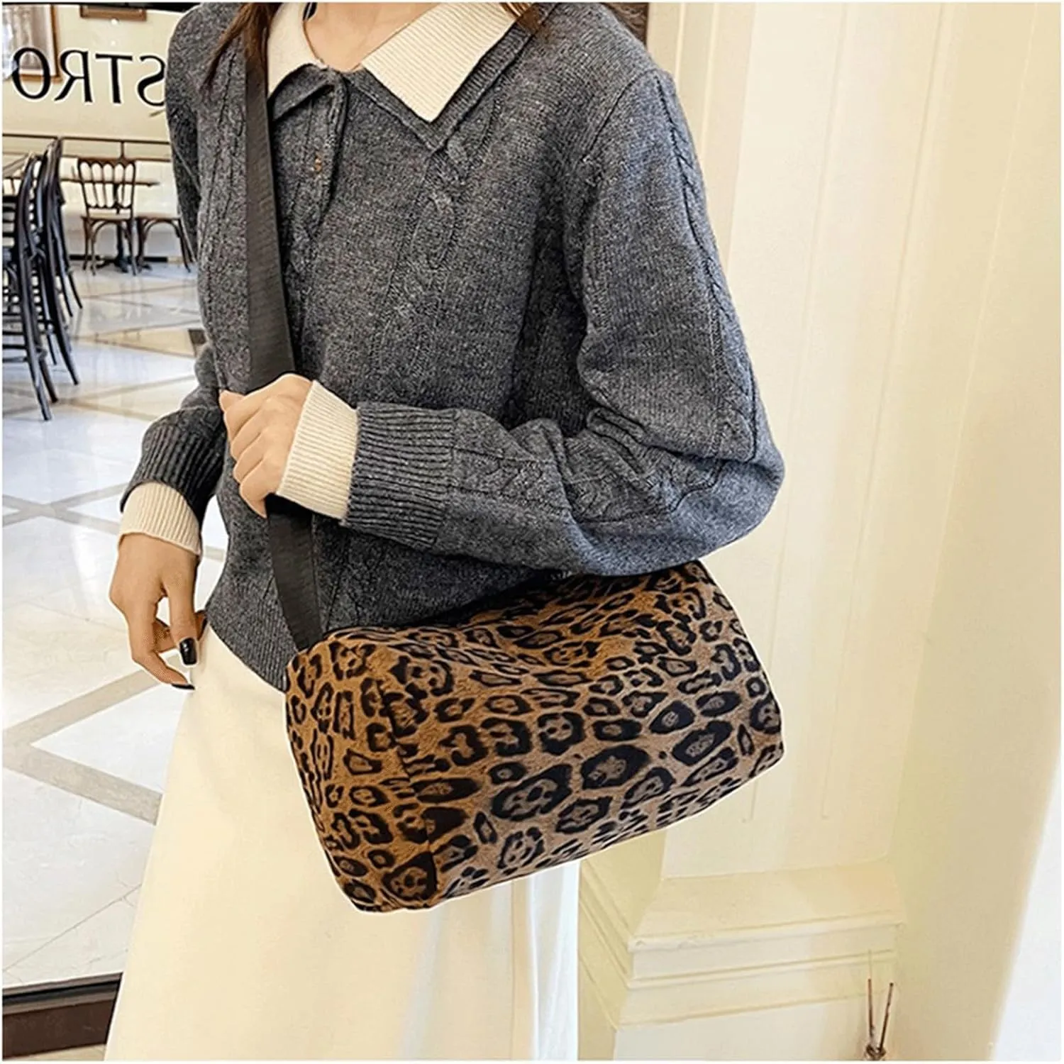 Leopard Purse Cheetah Print Shoulder Bag Fuzzy Hobo Purse with Adjustable Strap Y2K Aesthetic Underarm Bag
