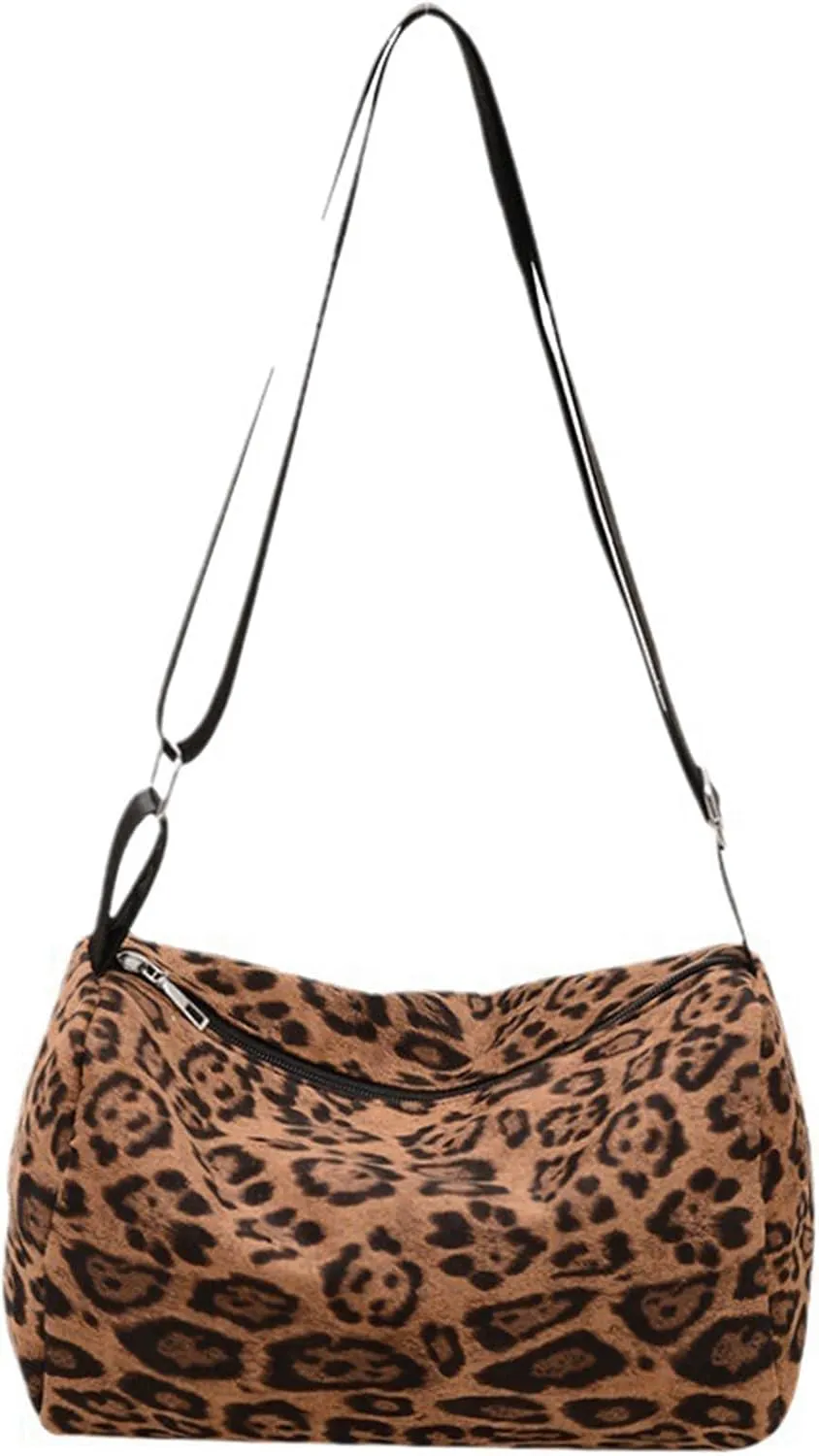 Leopard Purse Cheetah Print Shoulder Bag Fuzzy Hobo Purse with Adjustable Strap Y2K Aesthetic Underarm Bag