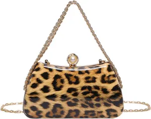 Leopard Purse Mini Clutch Bag Cheetah Print Crossbody Pearl Hard Shell Box Case Prom Wedding Evening Bag